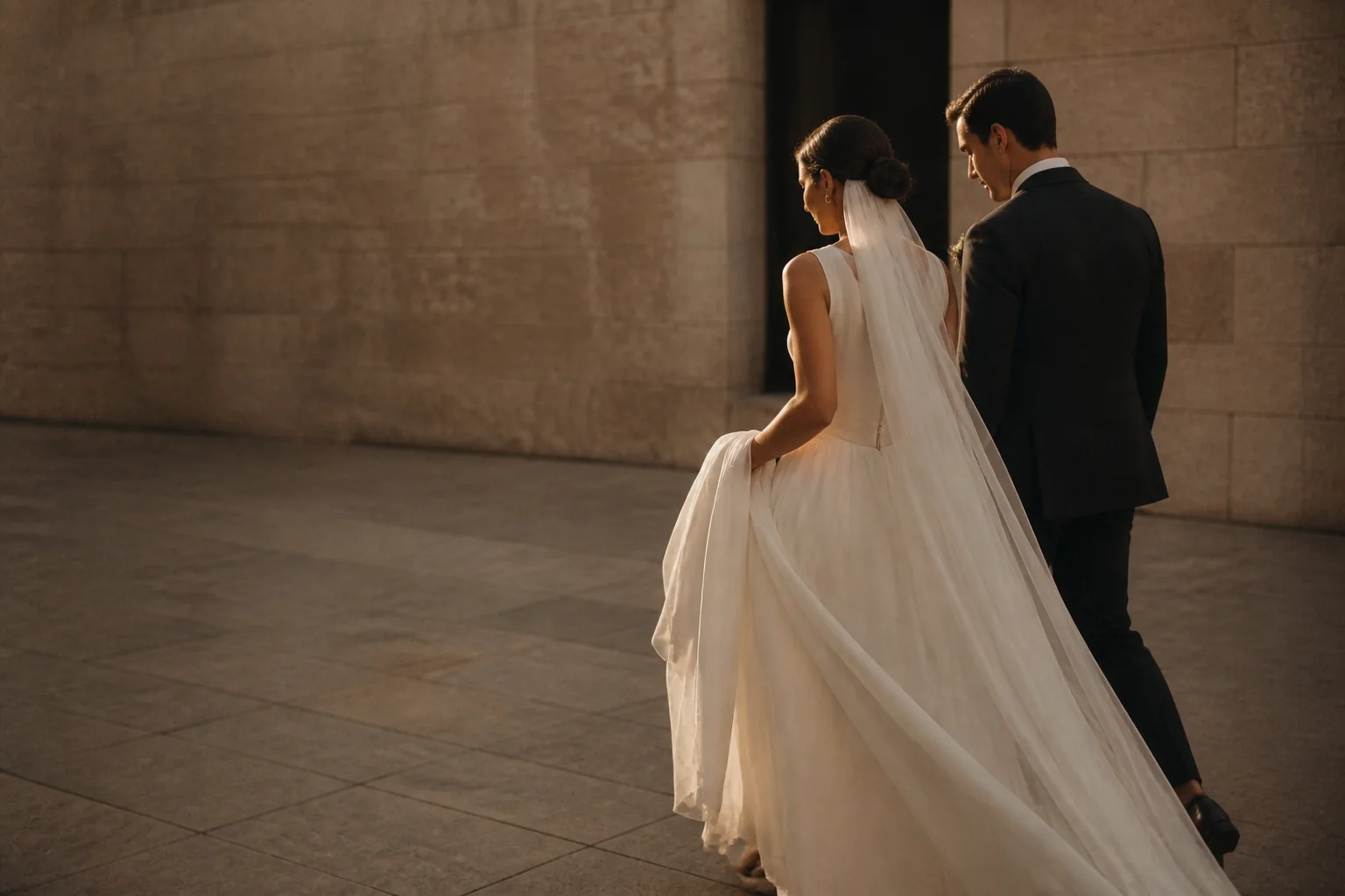Pareja caminando después de su boda en Madrid