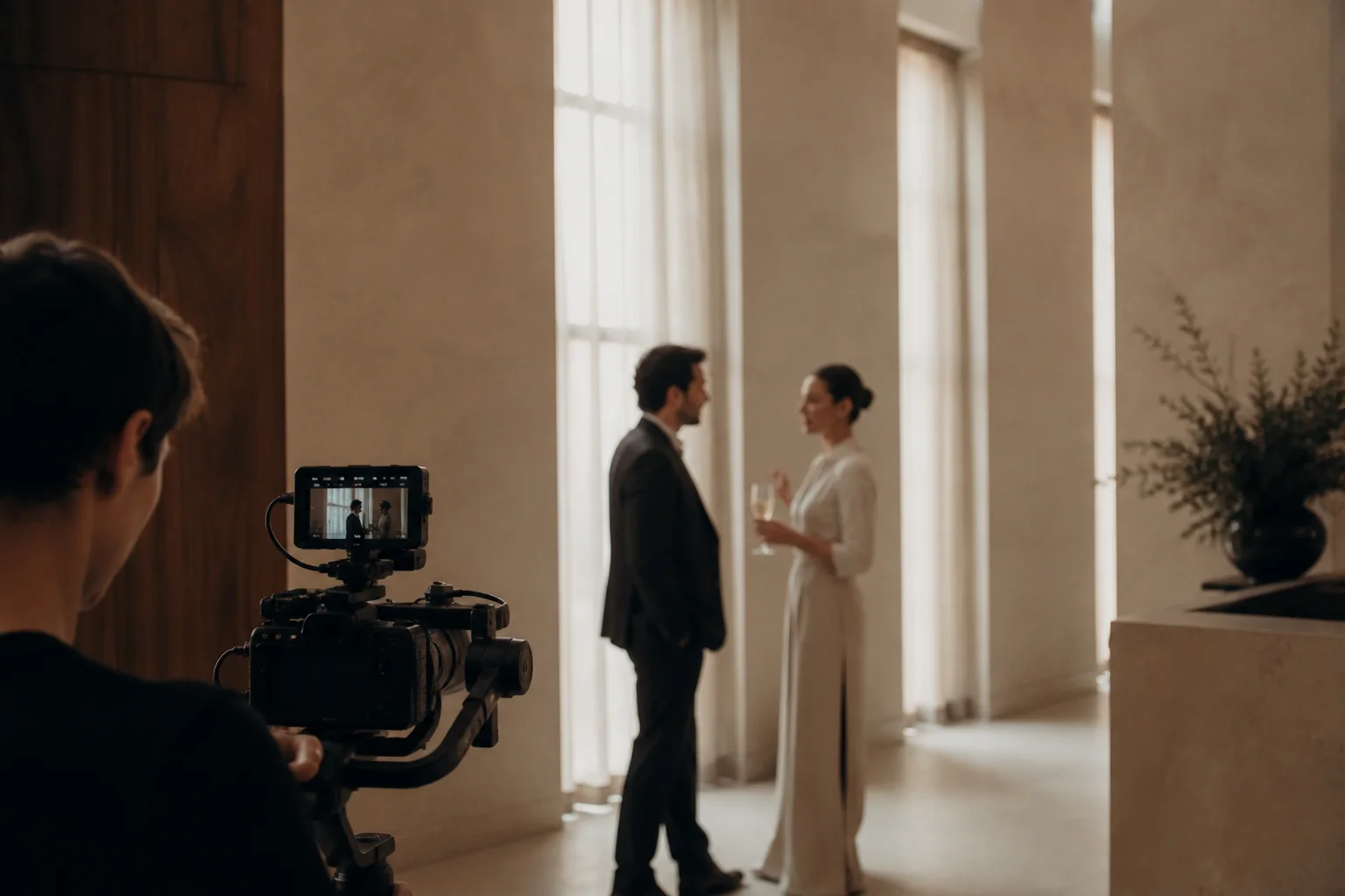 Videógrafo filmando discretamente a una pareja durante una boda