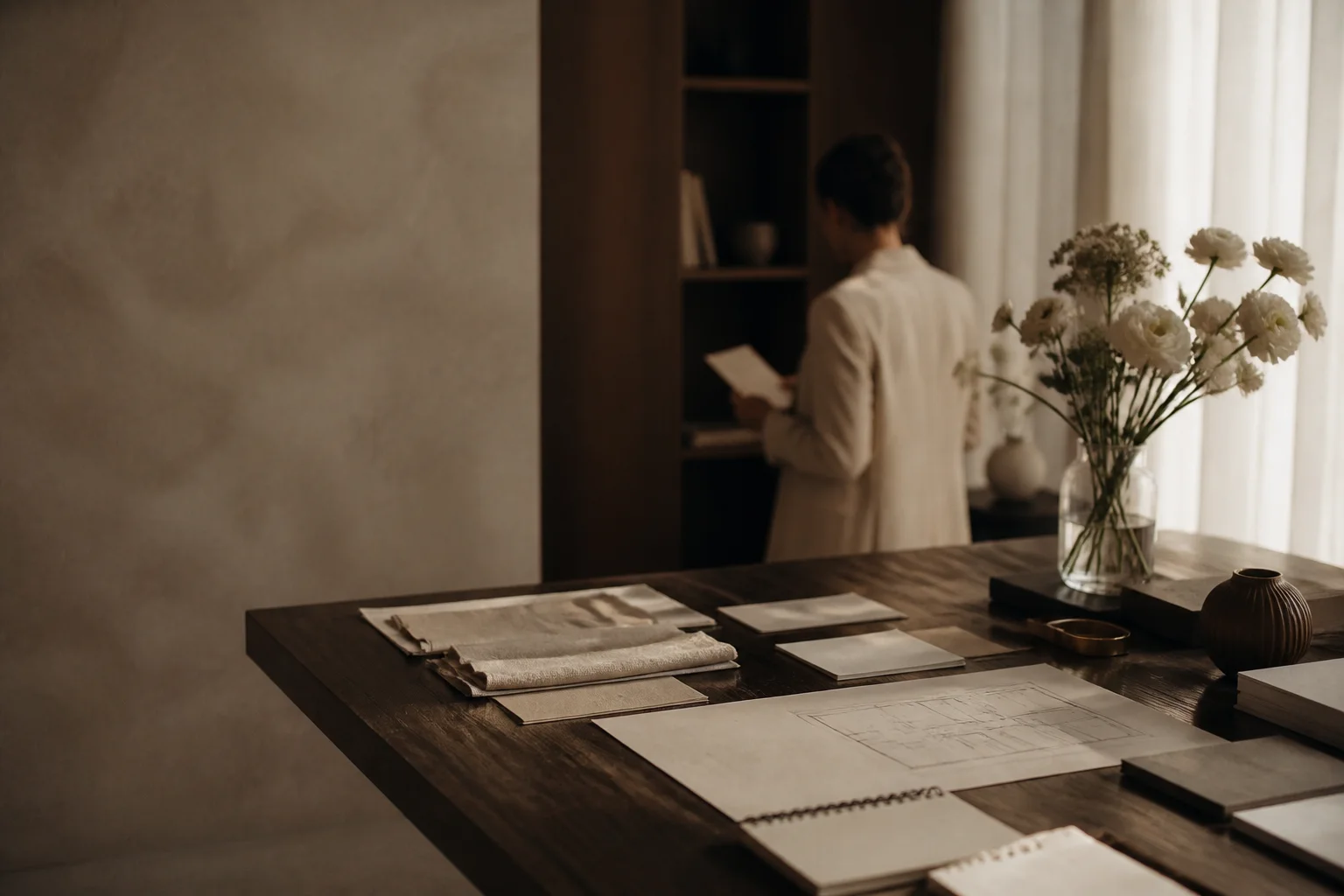 Mesa editorial con materiales y planos para planificar una boda en Madrid