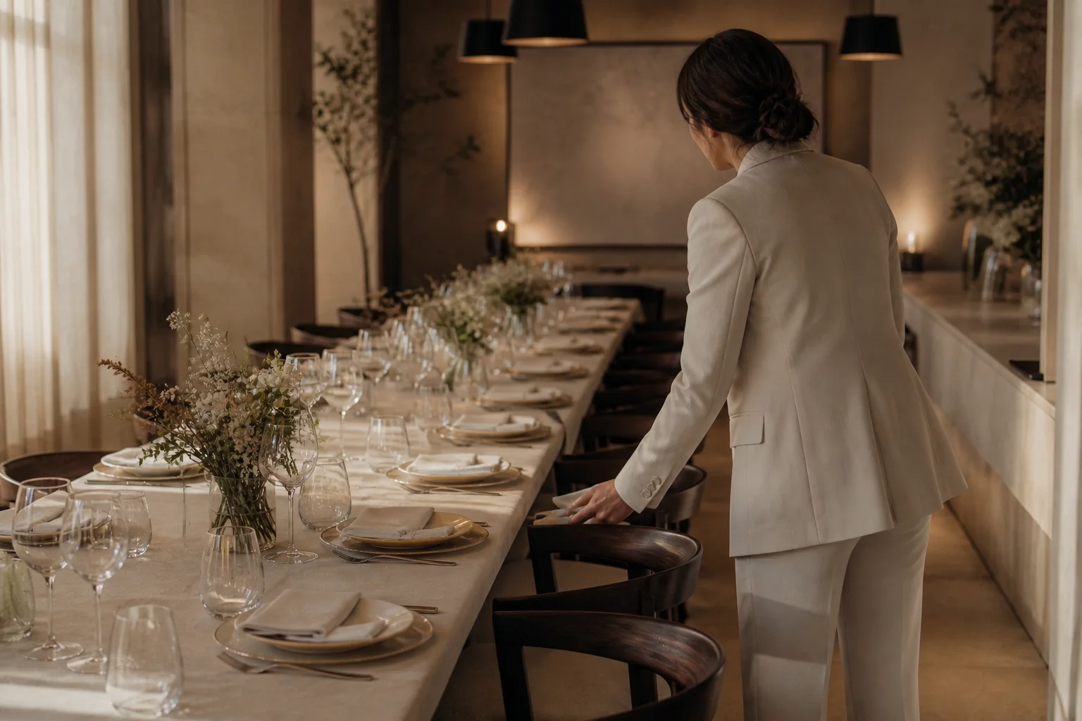 Coordinadora revisando una mesa preparada para una boda