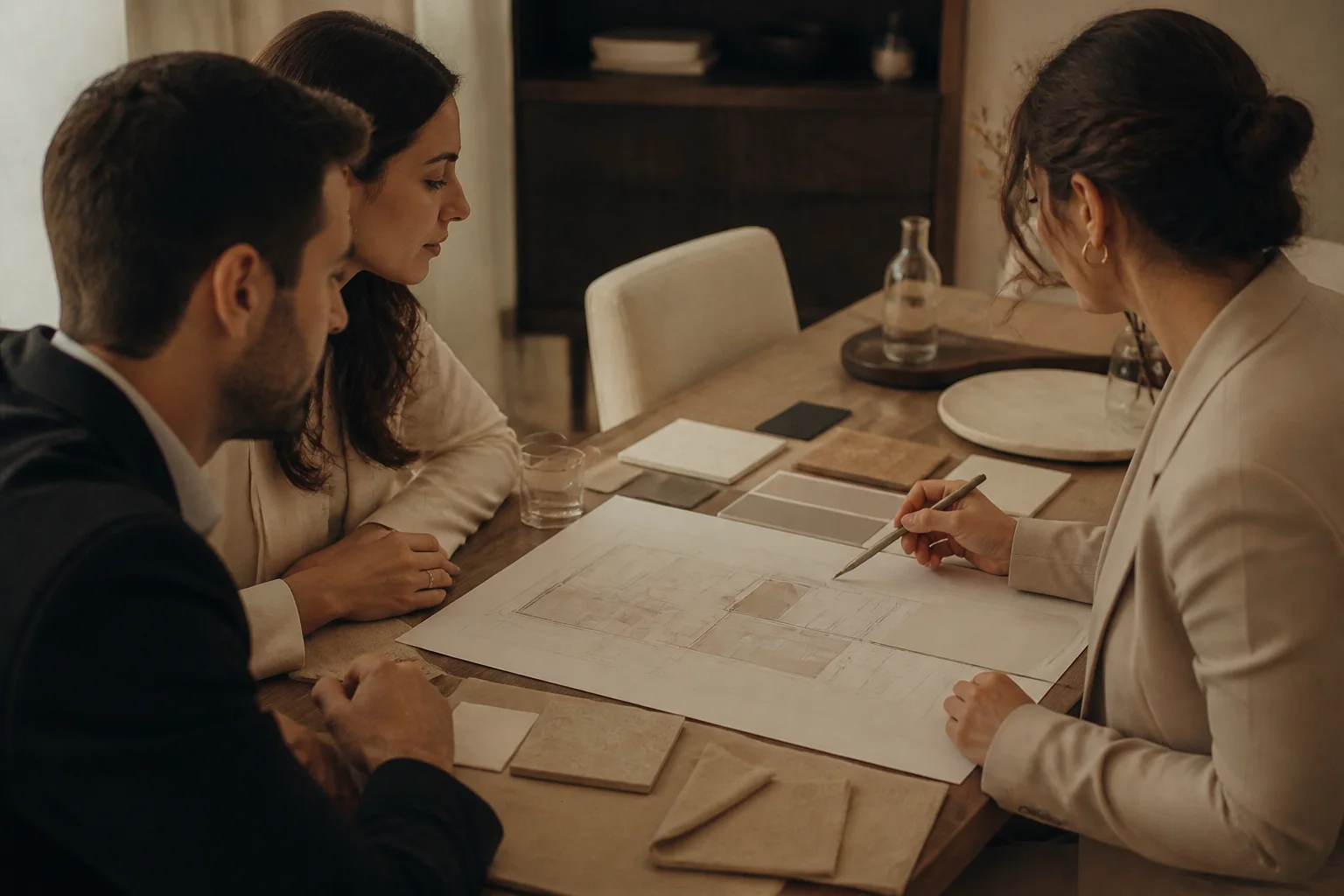 Pareja revisando la planificación de su boda con una profesional